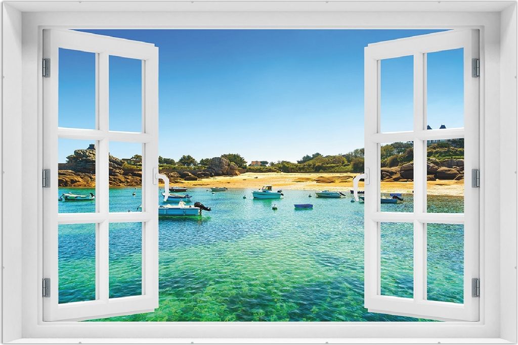 Wallario Wandbild mit Fenster-Illusion: Französische Bucht mit klarem Wasser und Booten, Größe: 61 x 91,5 cm, Poster mit rahmenlosen Bildhalter