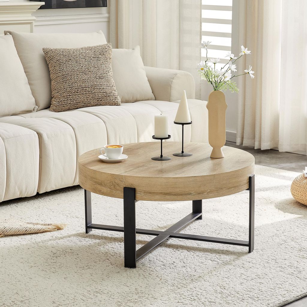 okwish Runder Couchtisch Tischplatte in Holzoptik, Beistelltisch mit Metall-Kreuzgestell,Für Wohnzimmer,Natur
