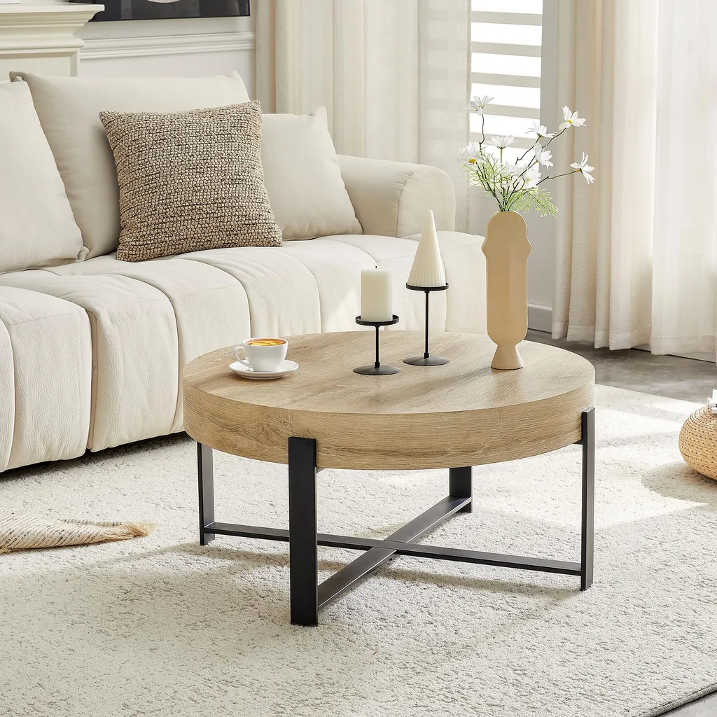 Table basse industrielle 68 cm avec plateau effet bois et pied croix