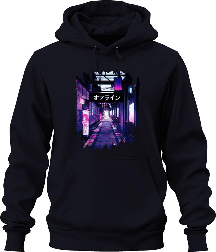 オフライン OFFLINE Cyberpunk Neon Anime Vaporwave Ästhetik Japan Retro Uni Hoodie Kapuzenpullover, Navy, S