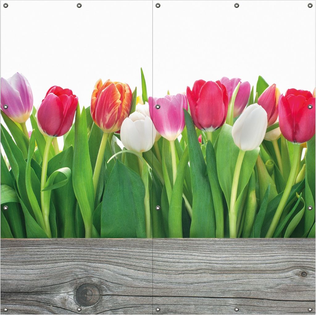 Wallario Outdoor-Poster für Garten oder Balkon, Motiv Rote weiße und pinke Tulpen im Frühling, in ca. 180 x 180 cm