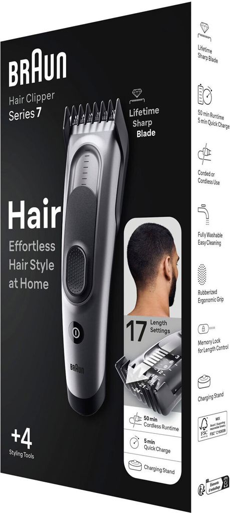 Braun HC7390, Černá, Šedá, 3 mm, 3,5 cm, Hlava, 5 rok/roky, Obrázek produktu 