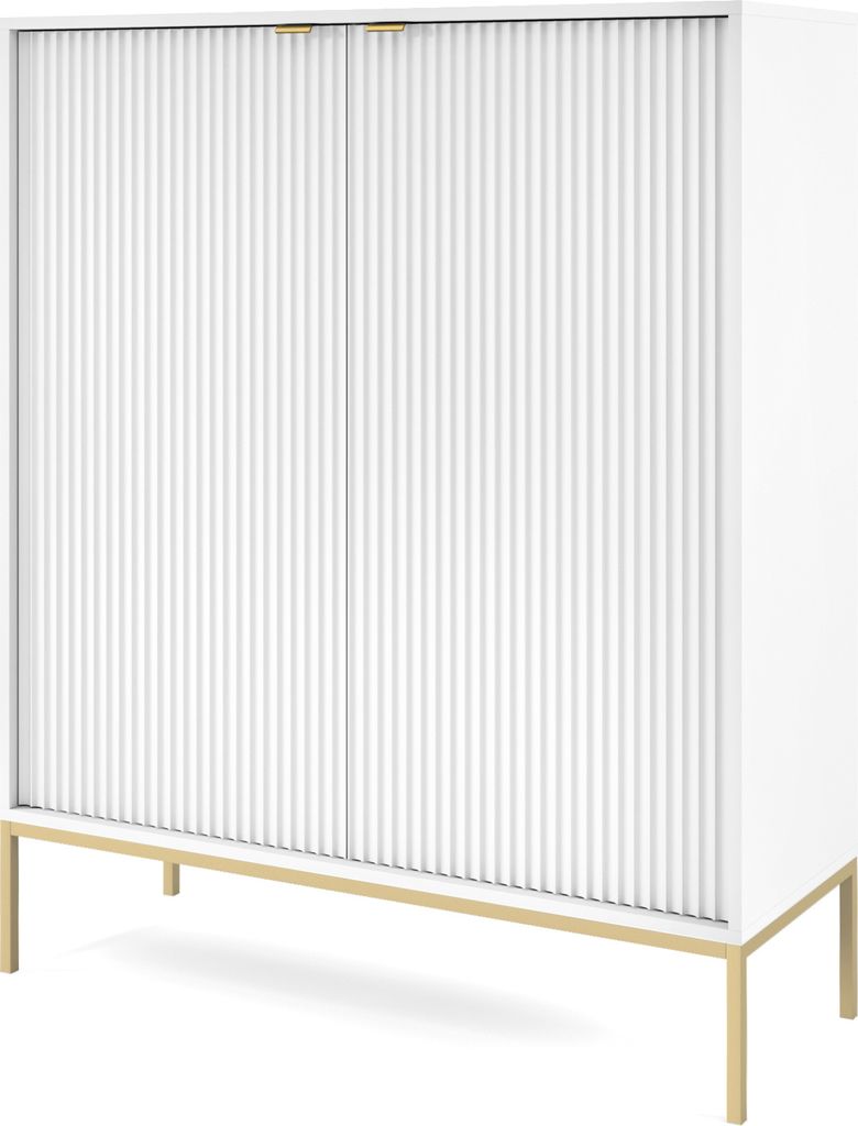 A white highboard with fluted doors and gold handles and legs, presented on a white background.