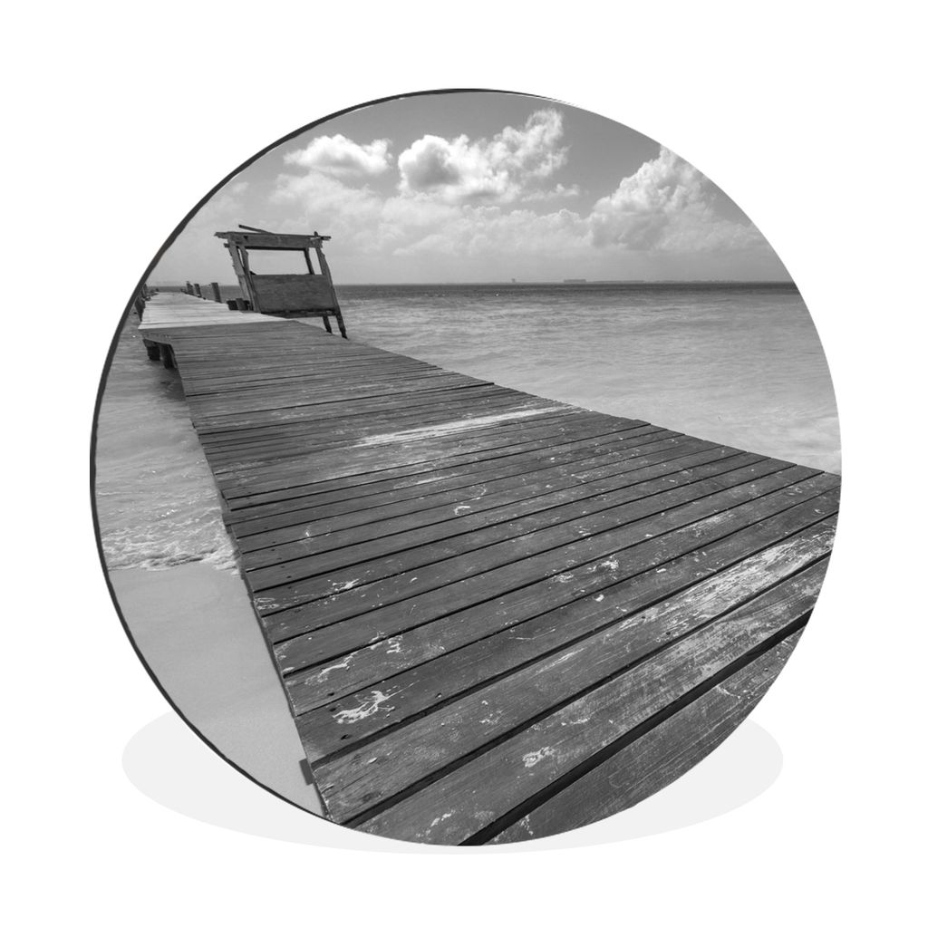 MuchoWow Aluminium Wandkreis Promenade am Karibischen Meer, Isla Mujeres - schwarz und weiß Ø 60 cm Wanddeko Modern Wohnzimmer - Wand Kreis - W...