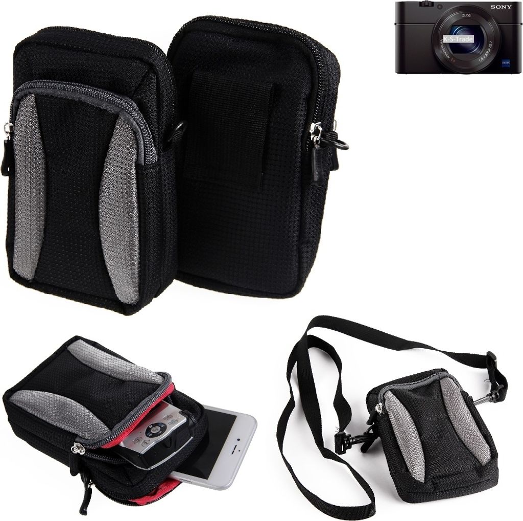 K-S-Trade Fototasche kompatibel mit Sony Cyber-shot DSC-RX100 III Gürtel-Tasche Holster Umhänge Tasche Kameratasche, schwarz-grau Brust-Beutel