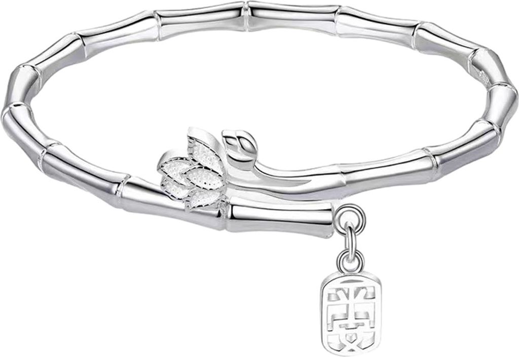 Blumendekor Damen Armreif mit chinesischem Schriftzeichen-Anhänger, verstellbar, Bambusform, offenes Armband, Schmuckzubehör