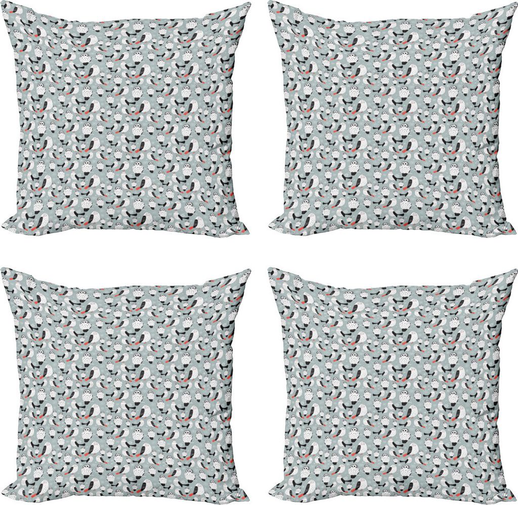 ABAKUHAUS Vögel Kissenbezug Set (4 Stück), Cartoon Waldohreule, Moderner Doppelseitiger Digitaldruck, 45 cm x 45 cm, Blau, Grau, Lachs