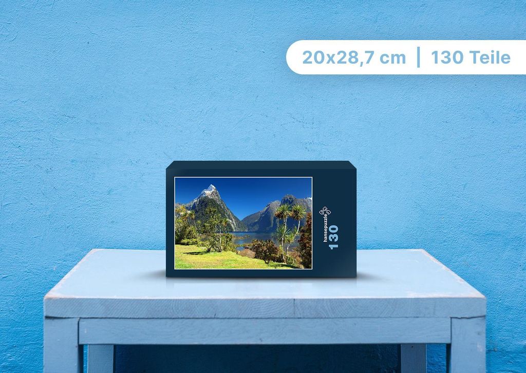 hansepuzzle 100469 - Milford Sound Puzzle, 130 Teile, Orte, 28,7 x 20,0cm mit hochwertiger Aufbewahrung, Kartonbox und wiederverschließbarem Beutel