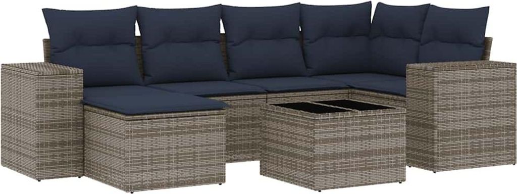 7-teiliges Gartensofa-Set mit Kissen, grau, Polyrattan