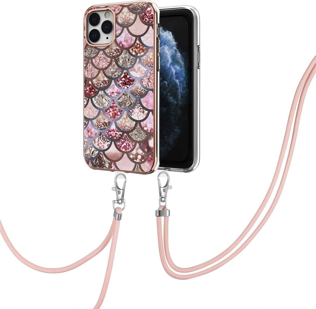 Handykette Hülle für iPhone 11 Pro Max Muster TPU Schutzhülle mit verstellbarem Tragegurt Kaffee