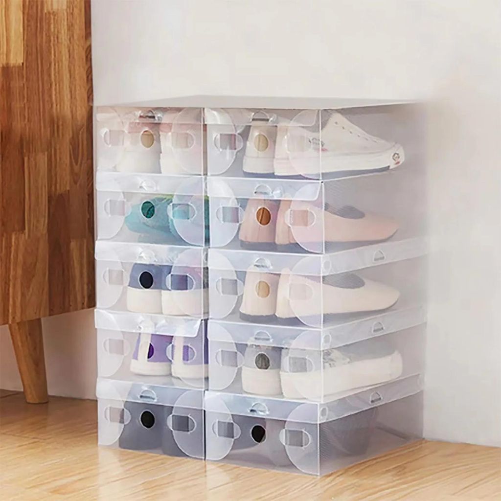 Schuhboxen 20er-Pack - Schuhaufbewahrungsboxen - Stapelbar - Faltbar - Transparenter Kunststoff - Rechteckig - Weiß