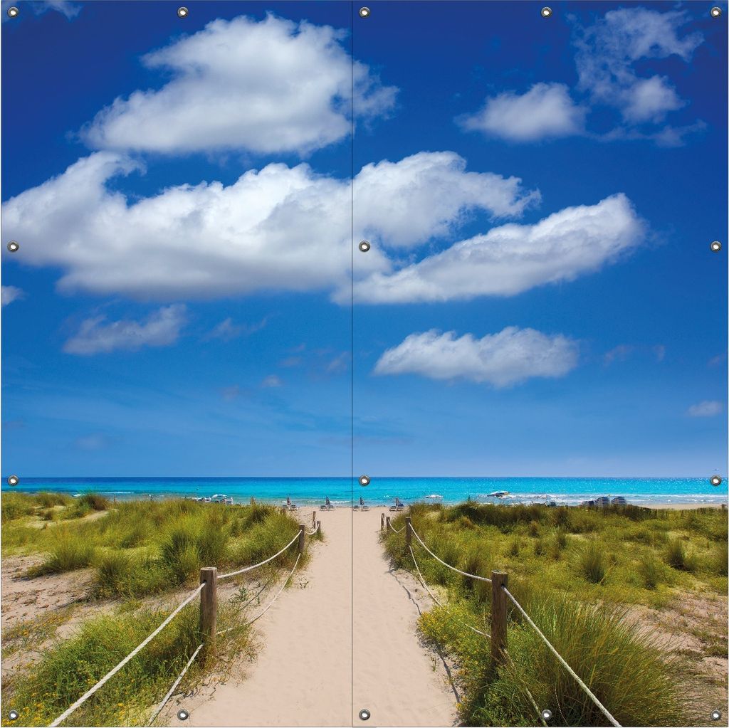 Wallario Outdoor-Poster für Garten oder Balkon, Motiv Sandweg zum blauen Meer mit blauem Himmel, in ca. 180 x 180 cm