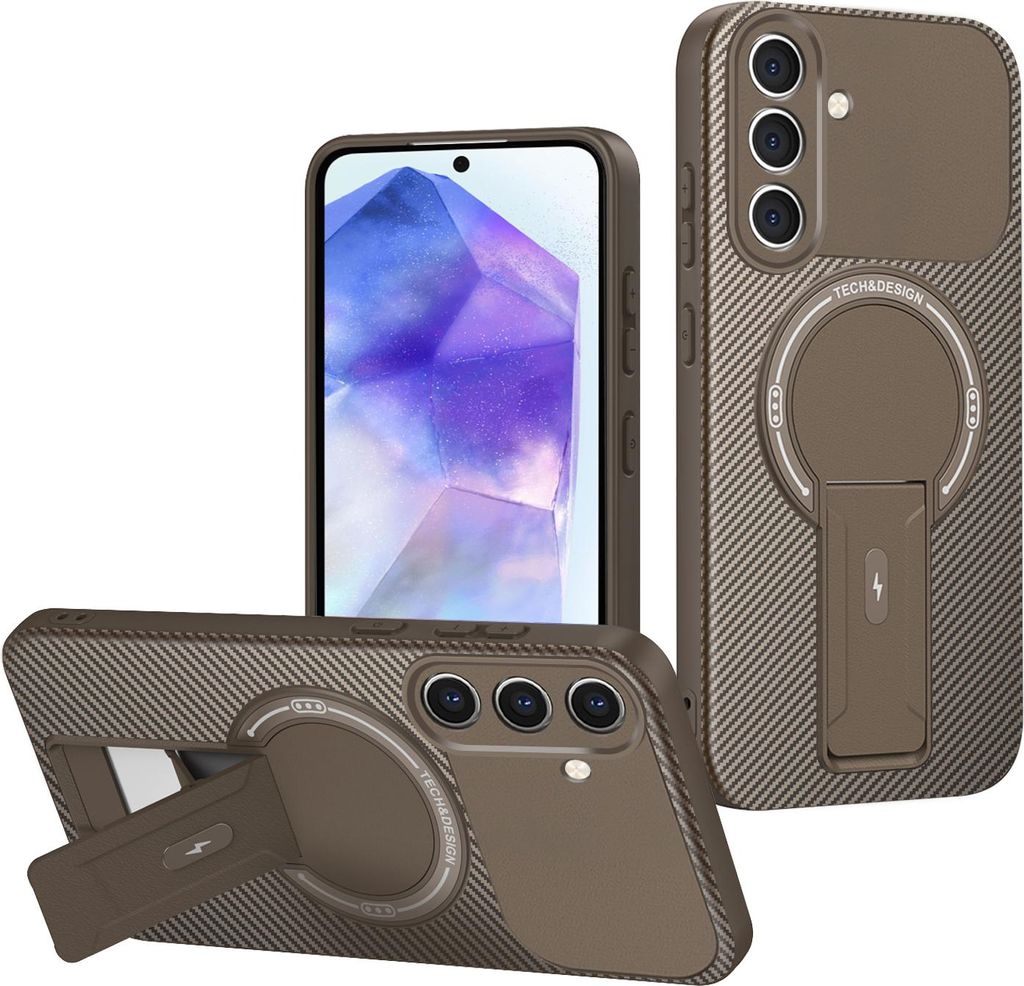 Hülle für Samsung Galaxy A35/A55 Magnetisch Carbonfaser Design TPU Hybrid Handyhülle mit Ständer Braun