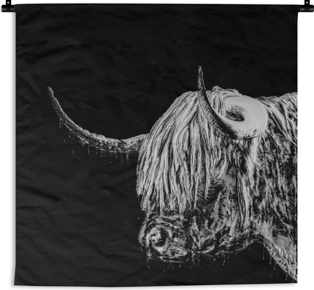 MuchoWow Wandteppich Wandbehang Schottisches Hochlandrind - Kuh - Schwarz - Weiß 150x150 cm Tapisserie Dekoration Wandtuch - Wohnaccessoires - M...
