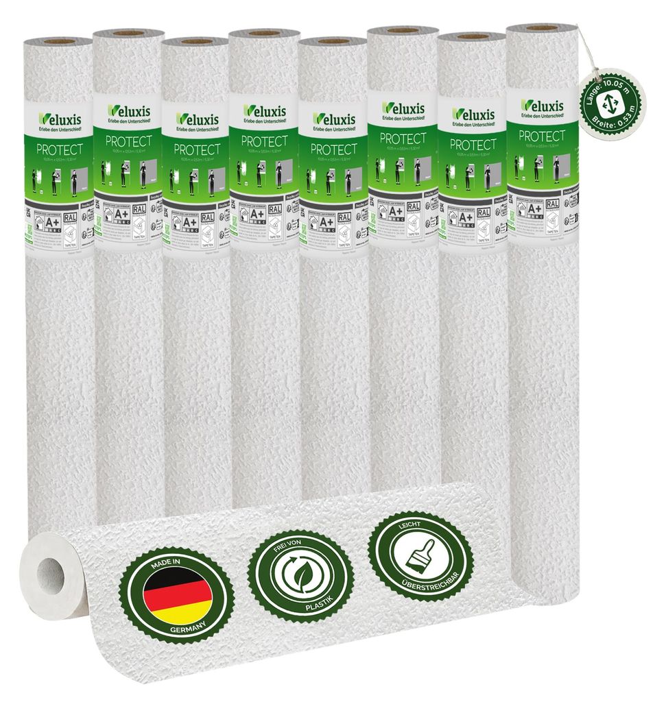 Vliestapete Vliestapete weiß – PROTECT Körnerstruktur 8er Set, 8 x 10,05 m x 0,53 m, kratz- & stoßfest, rissüberbrückend, leicht zu reinigen...