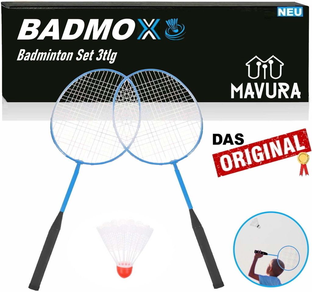 BADMOX Badminton Set Badmintonschläger Federball Set Outdoor 3tlg blau