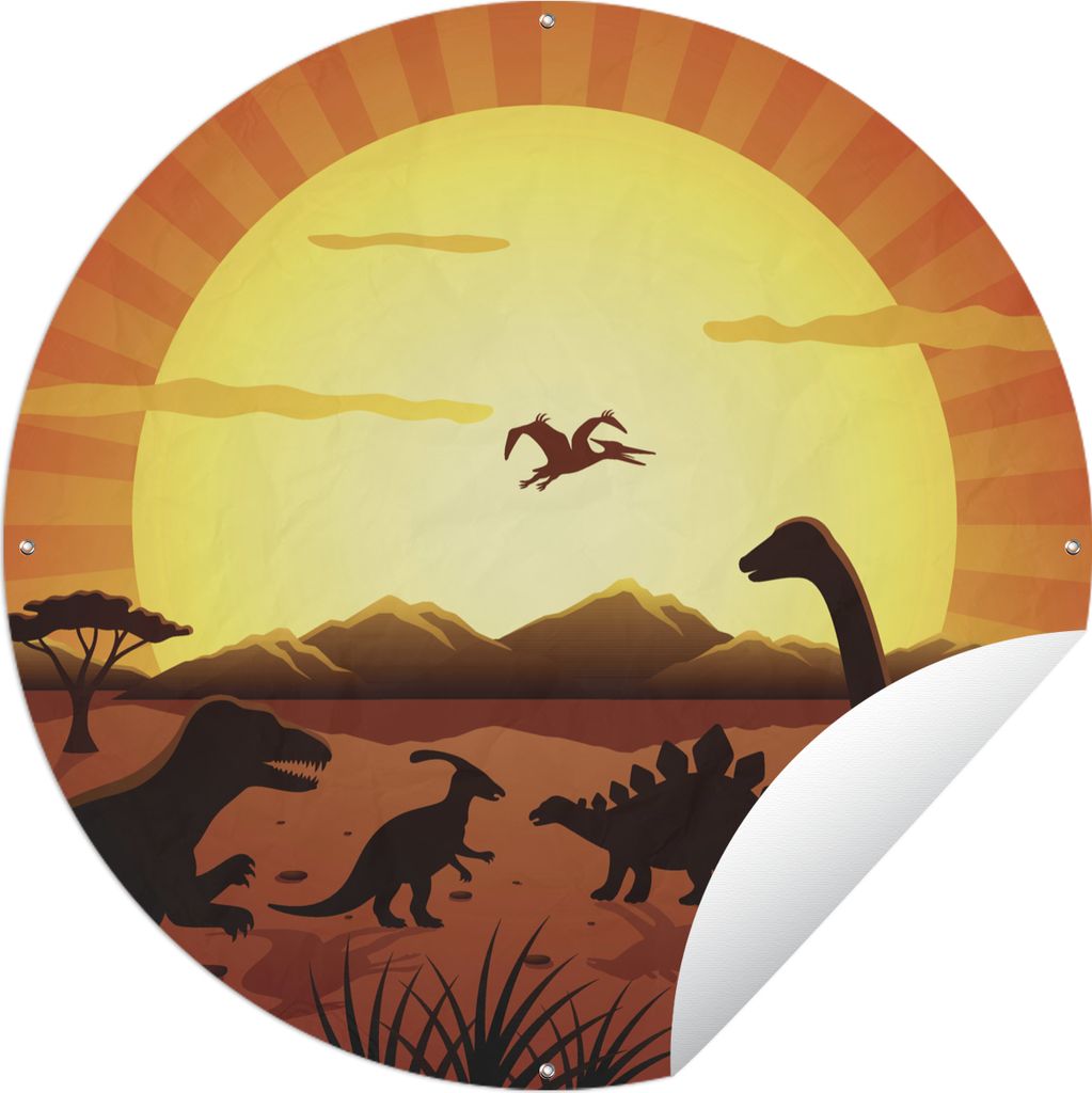MuchoWow Gartenposter Outdoor-Poster Rund Dino - Sonne - Natur - Zeichnung - Kinder - Jungen Ø 150 cm Gartendeko Rundes Poster draußen