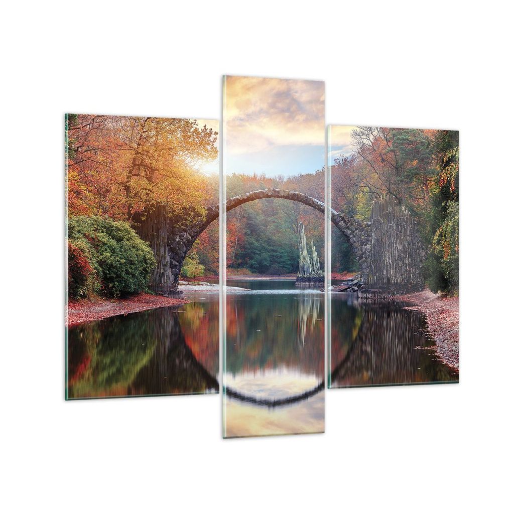 Bilder auf glas - 3 Teile - Garten Rhododendren Brücke - 95x80cm - Glasbilder - Wandbilder - Bilder - zum Aufhängen bereit - Wanddekoration aus G...