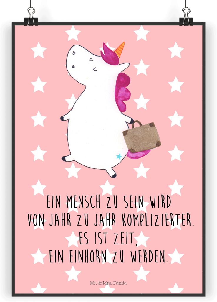 Mr. & Mrs. Panda Bild Einhorn Koffer DIN A5 - Rot Pastell - Geschenk, wanddeko, Plakat, Abenteuer, Unicorn, drucke, Einhörner, Reise, Kunstdruck, ...
