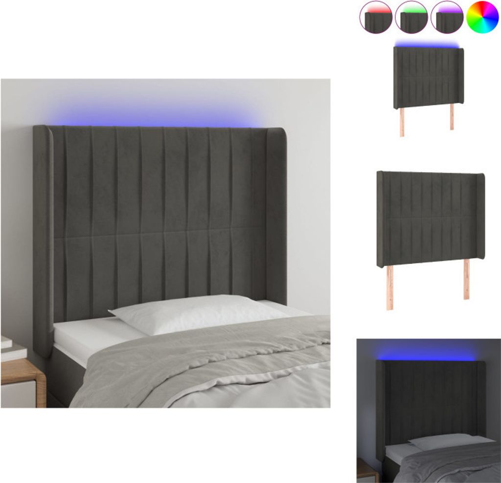 vidaXL LED Kopfteil Dunkelgrau 93x16x118/128 cm Samt - Kopf- & Fußenden