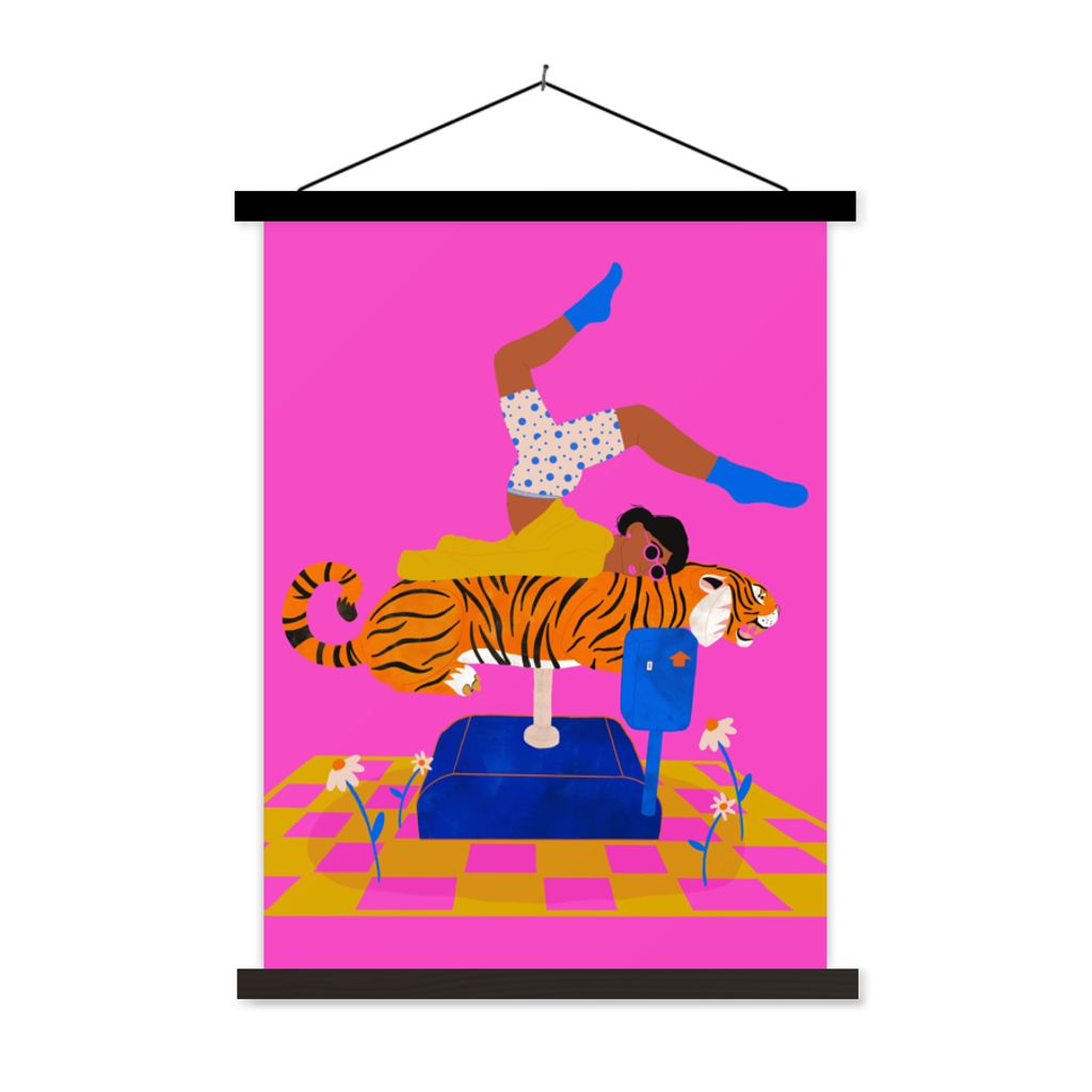 MuchoWow Textilposter Frauen - Tiger - Abstrakt 120x160 cm mit schwarzem Rahmen - Magnetischer