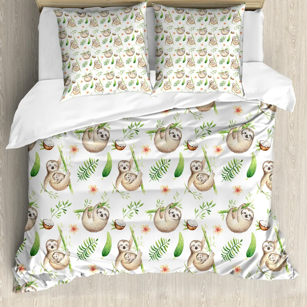 Housse de couette ABAKUHAUS Paresseux Mère-Bébé, 155x220 cm, Vert/Brun