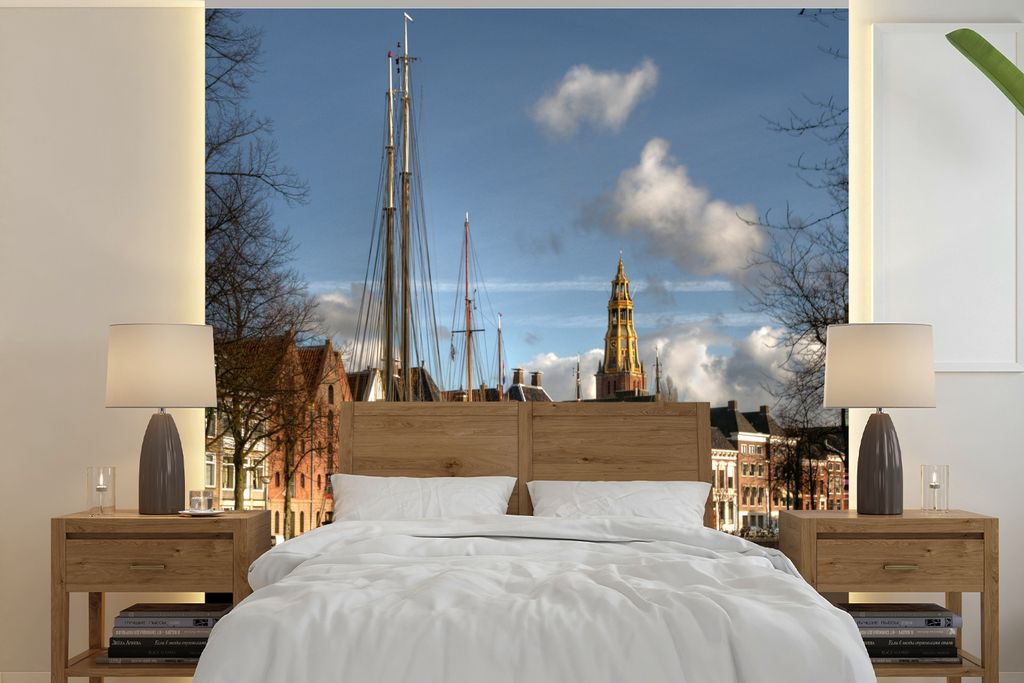 MuchoWow Fototapete für Wohnzimmer oder Schlafzimmer Wandtapete Vinyl Motivtapete Groningen - Grachtenhaus - Segelboot - 280x280 cm - Hintergrun...