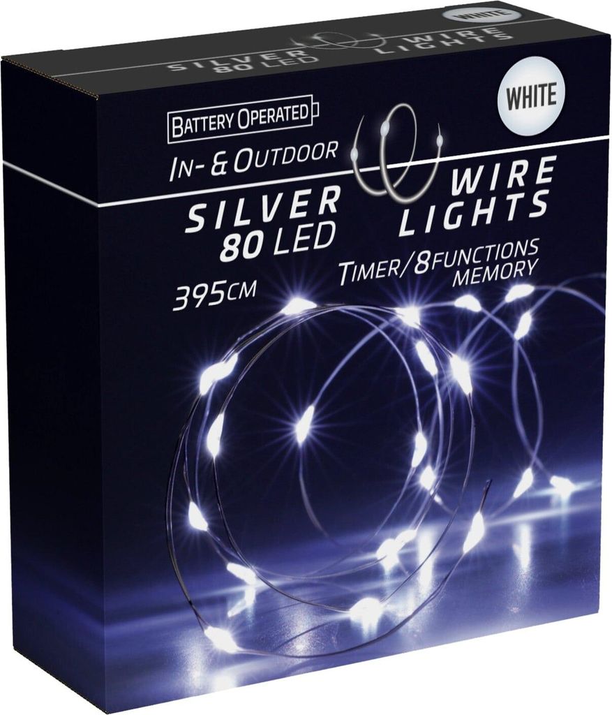 LED-Lichterkette kaltweiß, Batteriebetrieben, 80 LEDs, Silberdraht, Innen/Außen, 3,95m