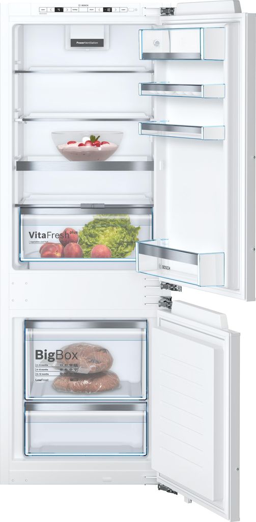 An open refrigerator with shelves and drawers visible.