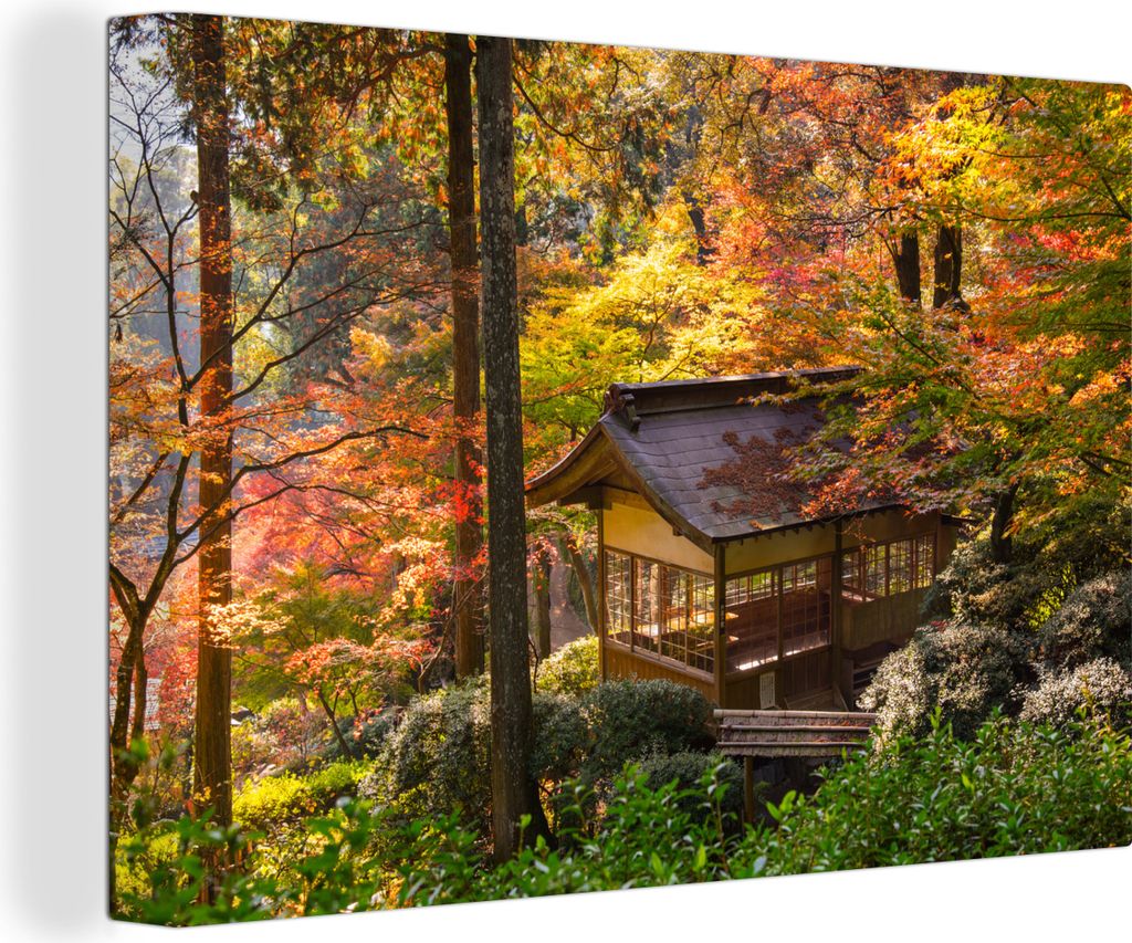 OneMillionCanvasses - Leinwandbilder - 140x90 cm, Japanische Ahornbäume an einem Pavillon im Wald, Wandbilder Kunstdruck Wanddekoration