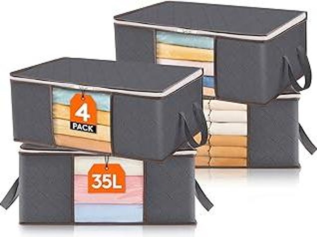Lifewit 4 Stück 35L Aufbewahrungstasche, Unterbett Aufbewahrungsbox Kleideraufbewahrung, Faltbare Umzugskartons mit Klarem Fenster für Bettdecken...