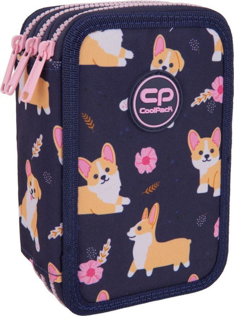 A navy blue pencil case with a pattern of corgis and pink flowers.