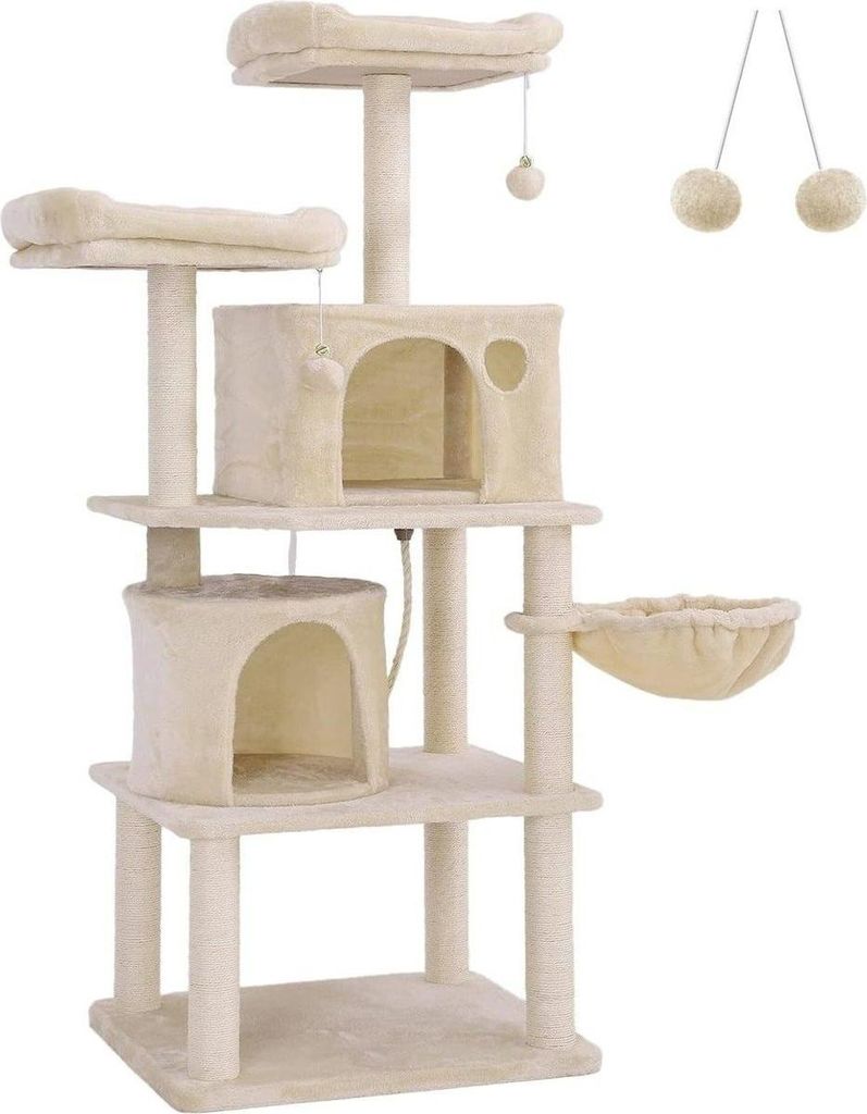 Hoppa! | Kratzbaum | Sisal-Kratzbäume, Plüschsitze, Korb, 2 Häuser - Beige