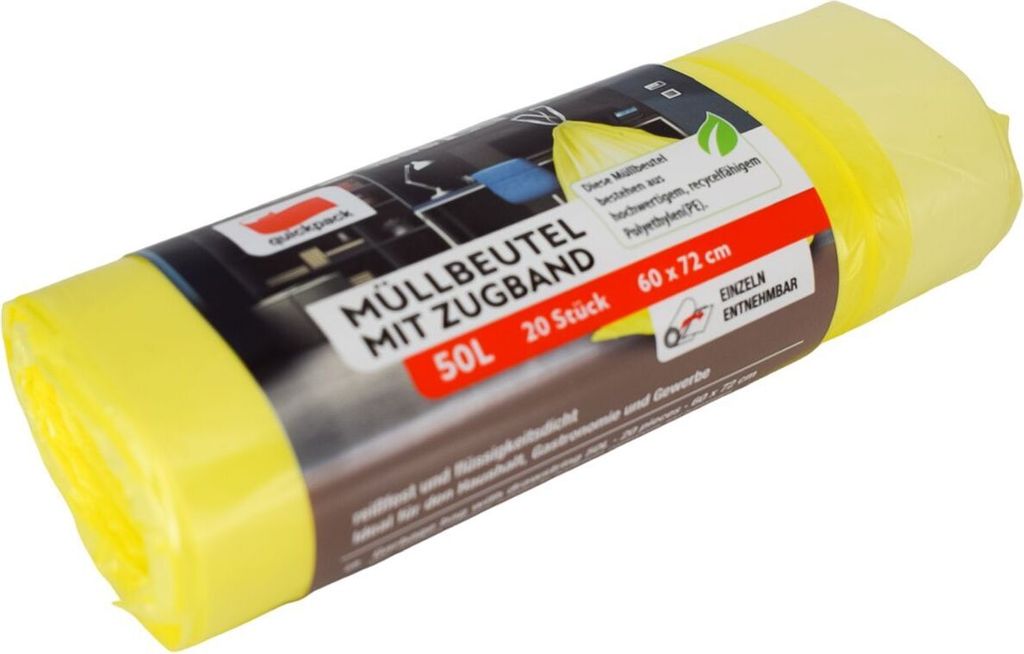 QUICKPACK Müllbeutel 50L m.Zugband 20er auf Rolle gelb Produktbild 