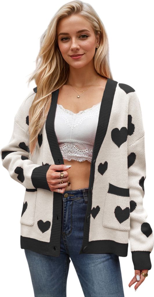 ASKSA Damen Strickjacken V-Ausschnitt Herz Gedruckt Valentinstag Suesser Strickcardigan Herbst Winter Cardigan Pullover (Weiss,S)