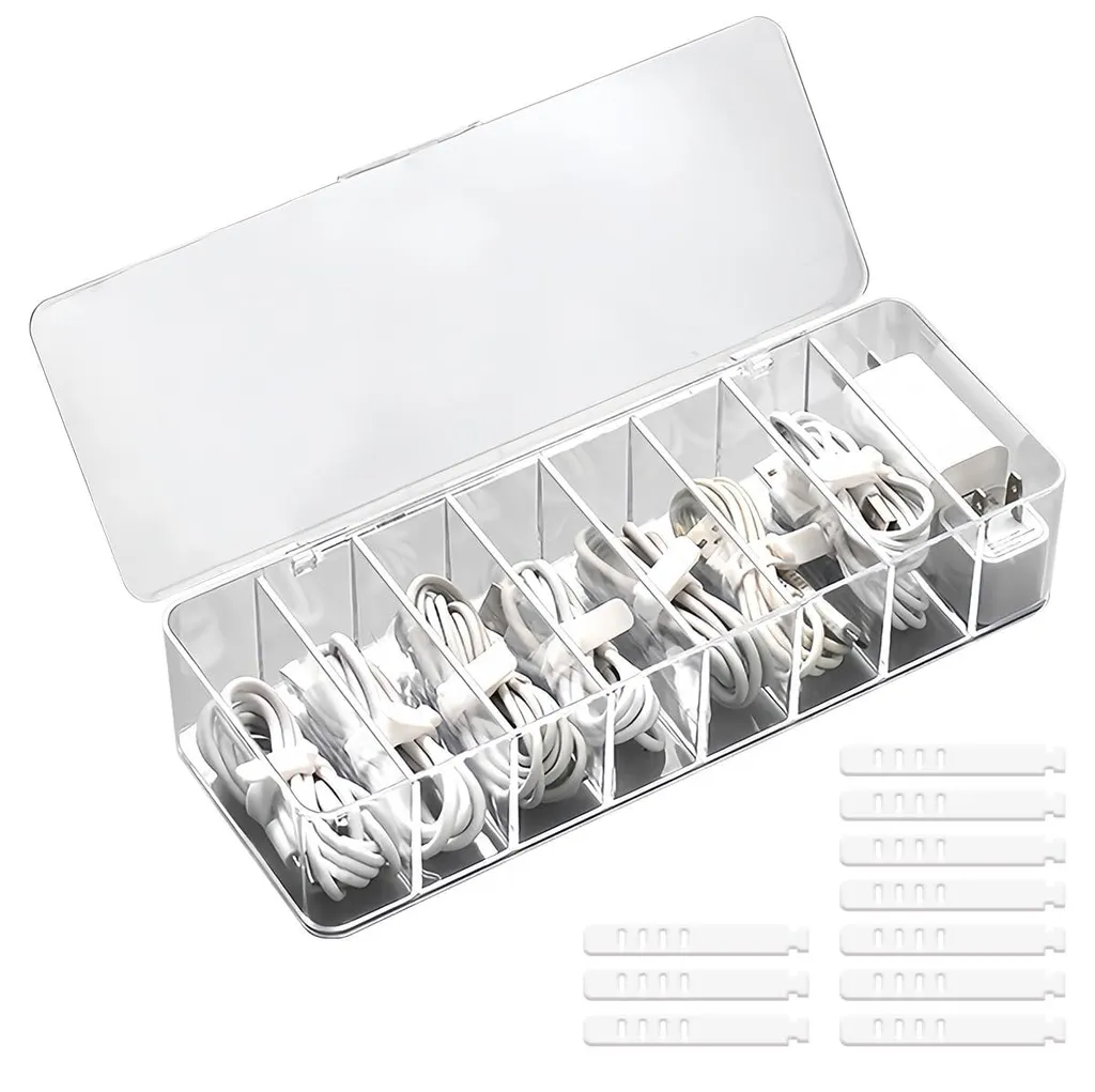 Organiseur de bureau pour câbles USB et chargeurs 8 cases transparentes