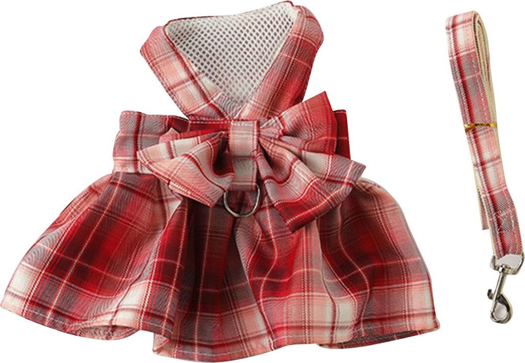 Hundegeschirr-Kleid, stilvoll, niedlich, Schleife, kariert, atmungsaktiv, bequem, Haustier mit Leine für den Alltag, Hochzeit, Party, Rot, S