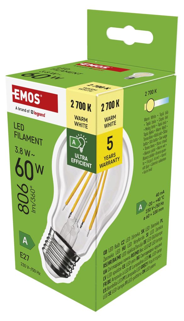 EMOS LED žárovka A60/E27/3,8W/60W/806lm/teplá bílá Immagine del prodotto 