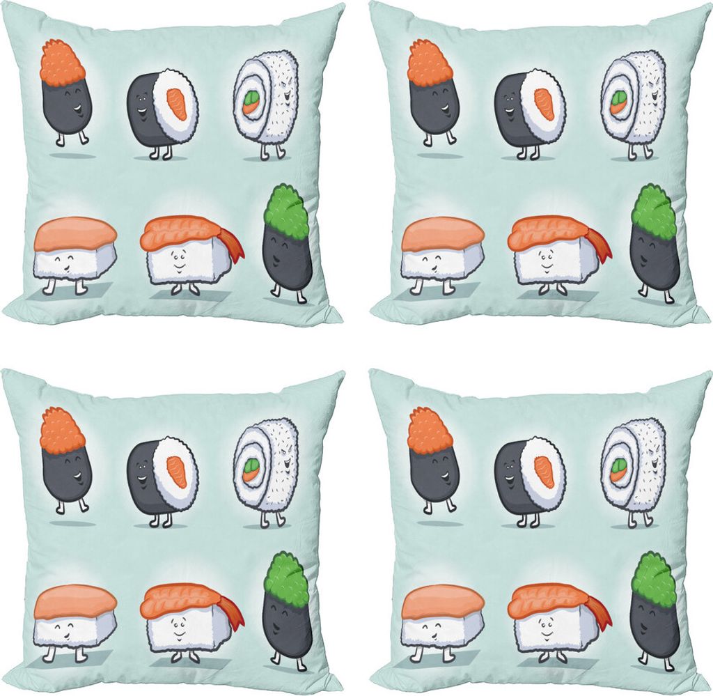 ABAKUHAUS Wasabi Kissenbezug Set (4 Stück), Lustige glückliche Sushi Characters, Moderner Doppelseitiger Digitaldruck, 45 cm x 45 cm, Mehrfarbig