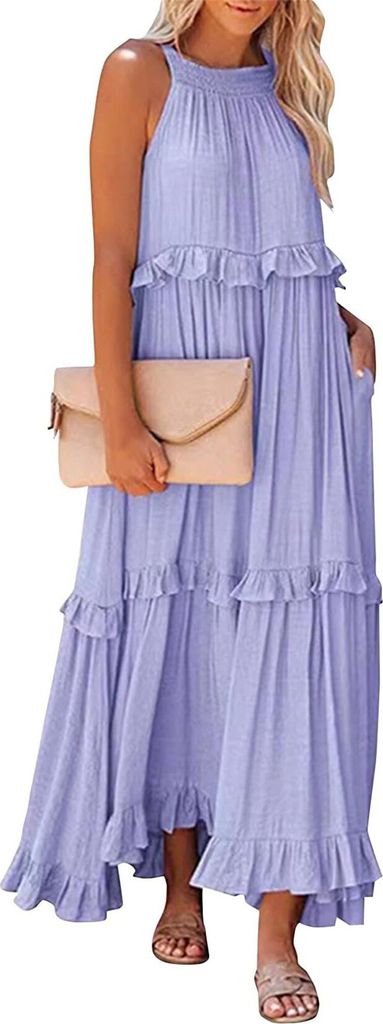ASKSA Damen Langes Kleid Sommer Big Swing Strandkleid y Kleid Women Cover up Bikini Maxi Beachwear Kleider, Lila, Groesse: L