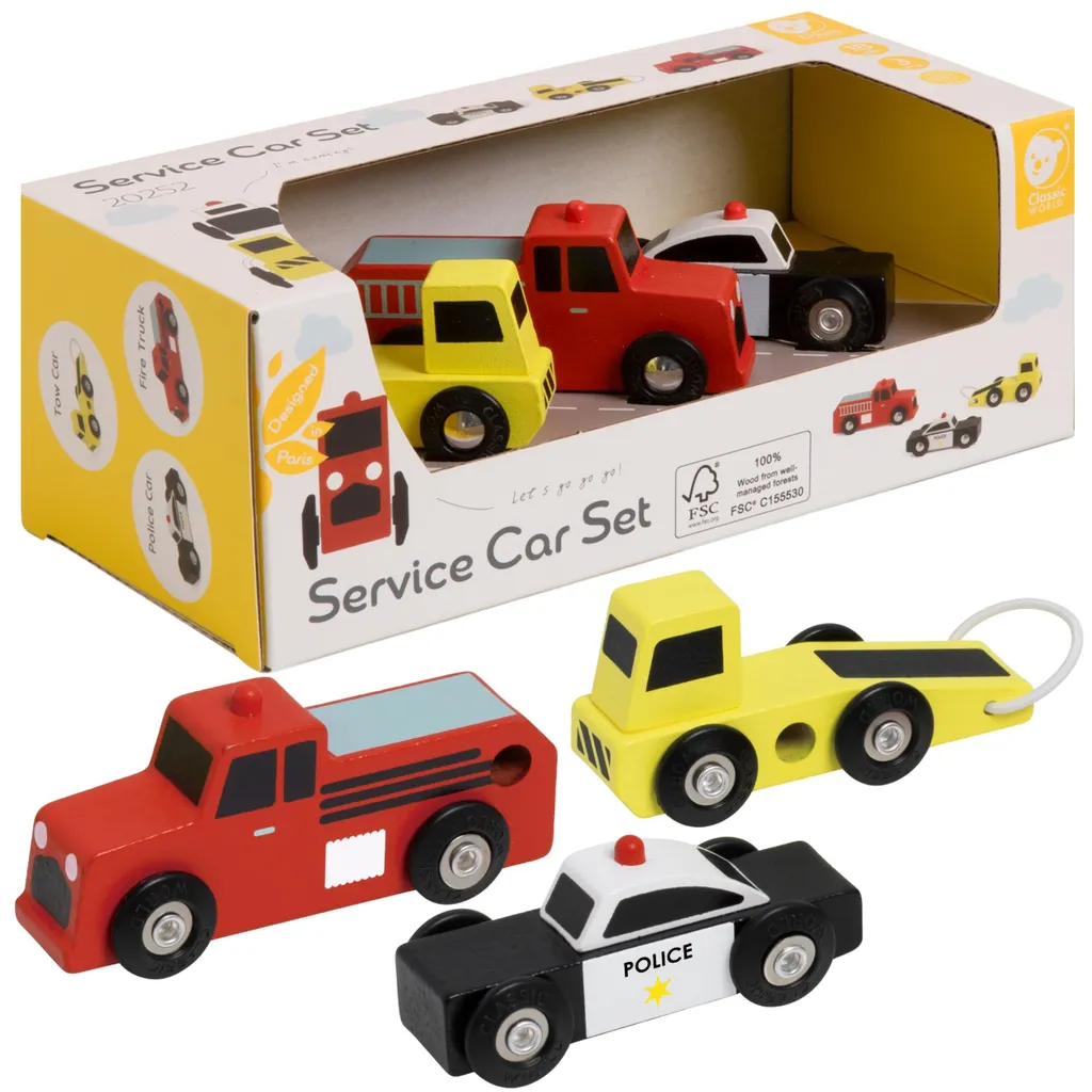 Voitures en Bois de Hêtre avec Camion Pompiers et Police - Set de 3