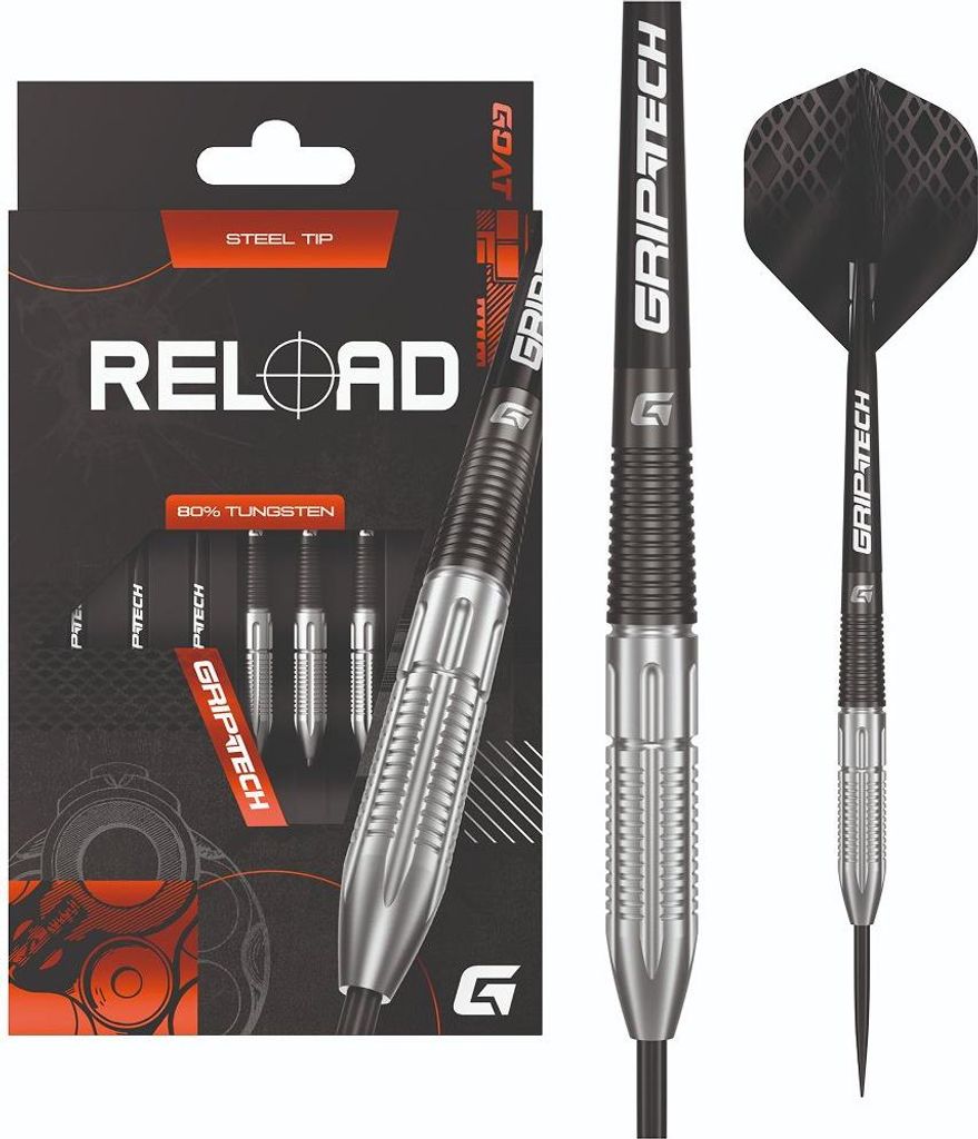 GOAT – Reload 80% Tungsten Dartpfeile, 23 Gramm, Rot, Mit Extra Flights und Shafts, Steeldarts, Profi Dartpfeile Set, 3 Steeldart Pfeile