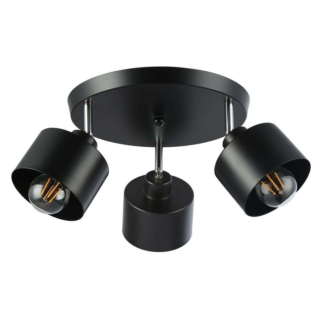 A black three-light ceiling fixture with adjustable spotlights.