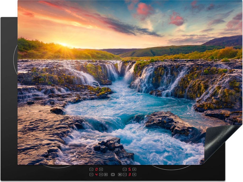 KitchenYeah Herdabdeckplatte Wasserfall - Pflanzen - Moos - Landschaft - Sonnenuntergang - Fels , 70x52cm, Küche Deko, Glaskeramikkochfeld Herda...