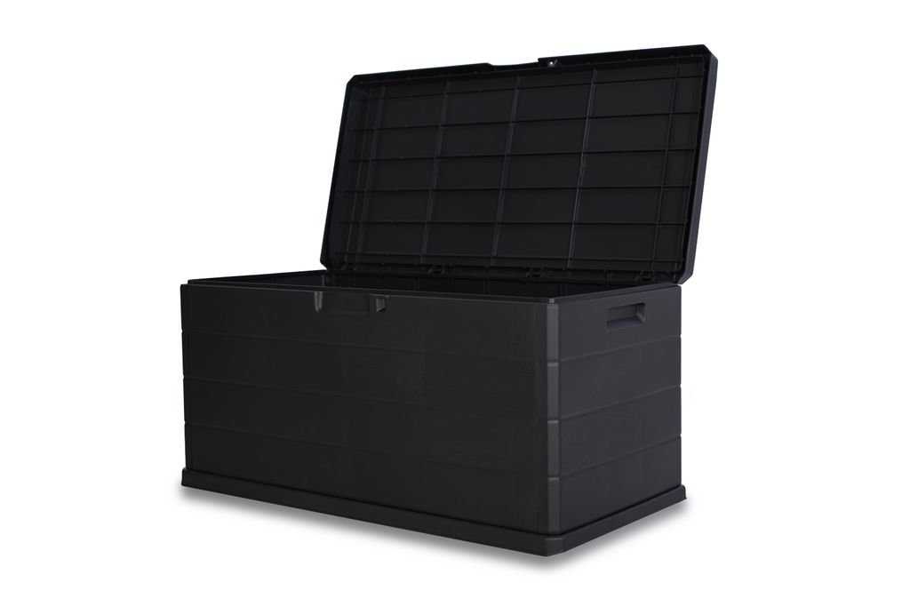 A black outdoor storage box with its lid open, shown against a white background.