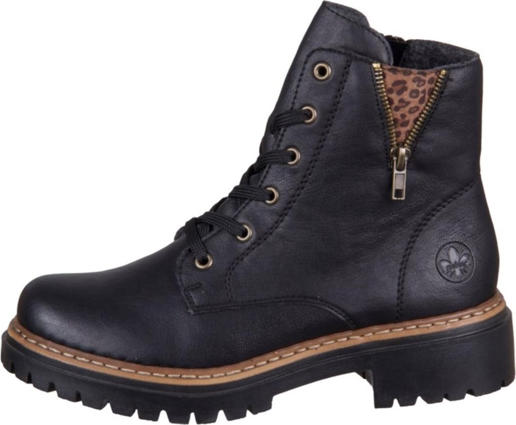 A black leather boot with a leopard print lining and a zipper.