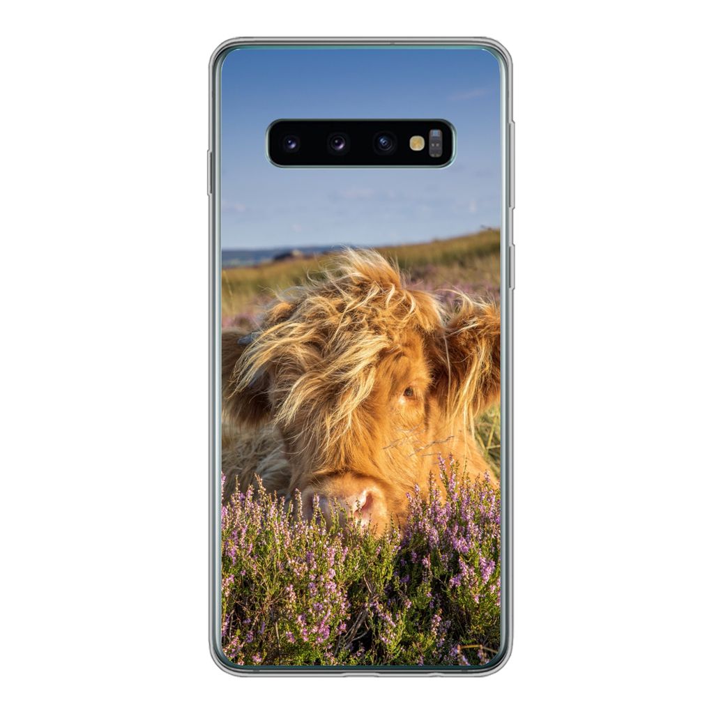 MuchoWow Handyhülle Schutzhülle Hülle für Samsung Galaxy S10 Schottische Highlander - Heide - Gras - Tiere Silikon Softcase Handy Hülle - Ha...