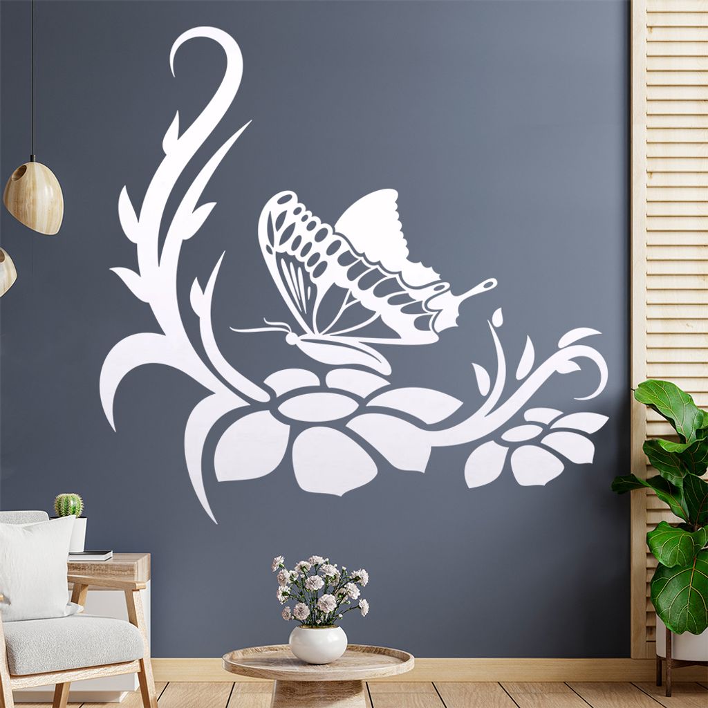 Großer Falter Blüten Wandtattoo in 6 Größen - Wandaufkleber Wall Sticker - Dekoration, Küche, Wohnzimmer, Schlafzimmer, Badezimmer