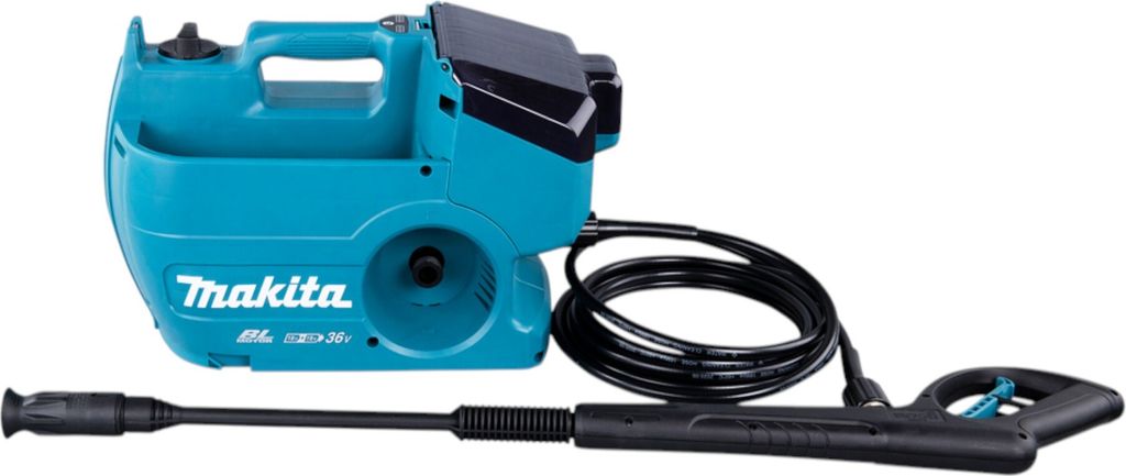 A teal and black Makita battery-powered pressure washer with its hose and spray gun, displayed on a white background.