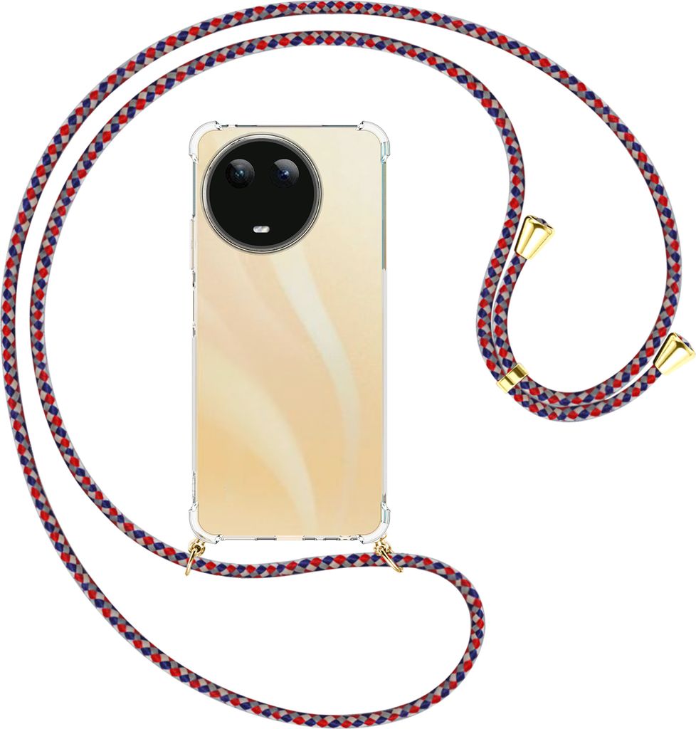 Handykette Backcover-Schutzhülle mit Band (Metall goldfarben) für Realme C67 4G - silber/blau/rot